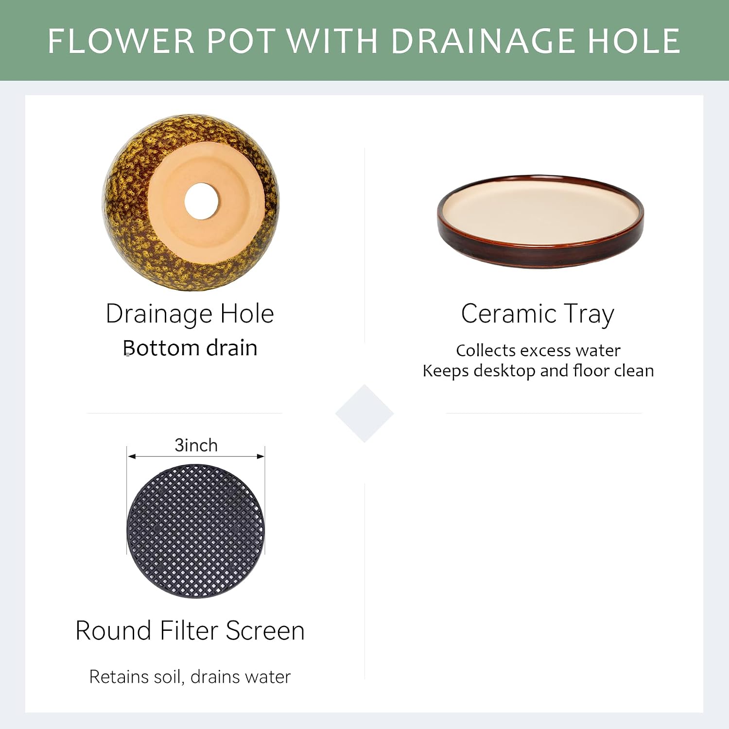 10.3 Inch Ceramic Glaze Plant Pot with Saucer, Flower Pots with Drainage Hole Mesh Net (Spot Yellow)